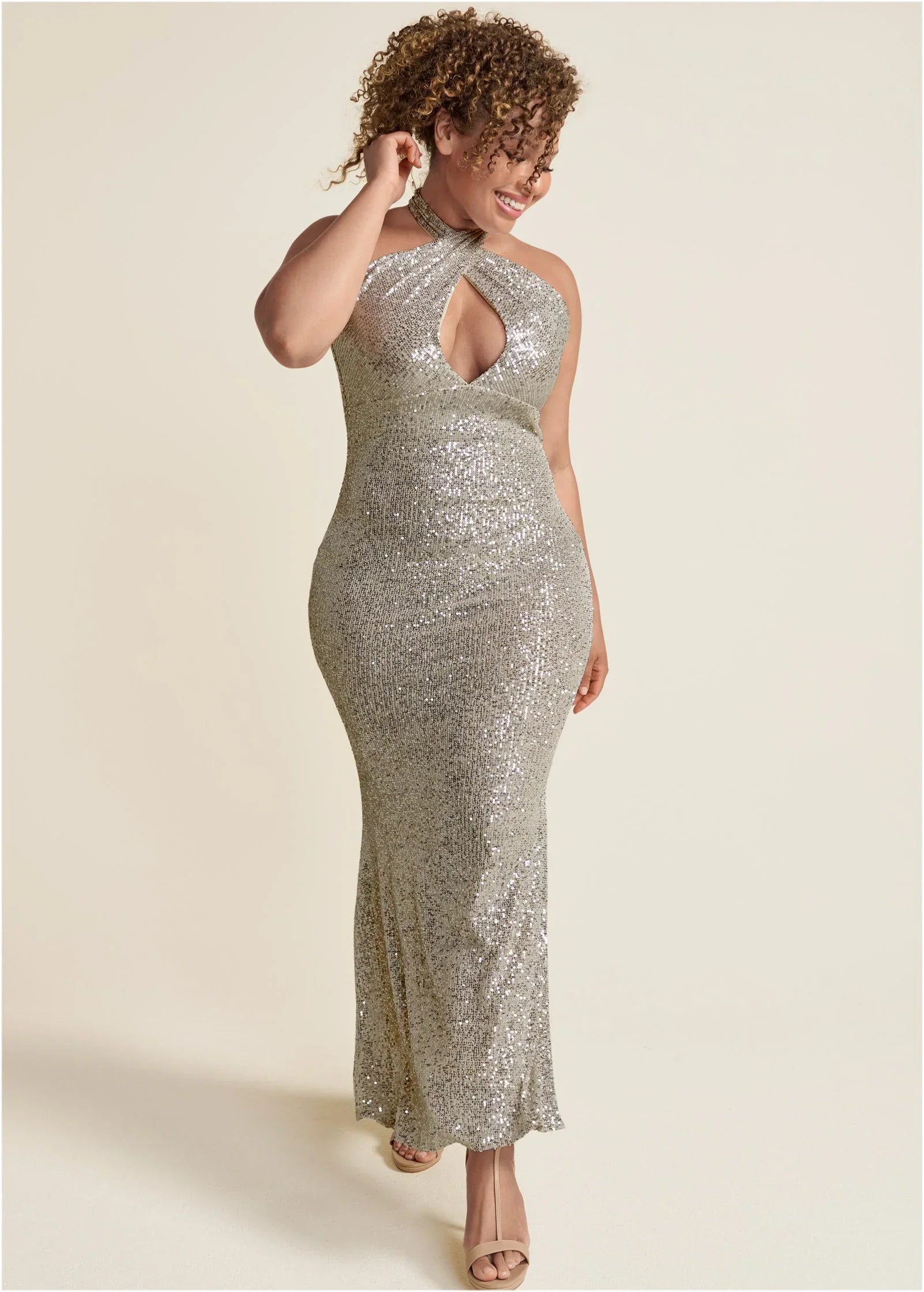 Sequin Keyhole Gown Champagne