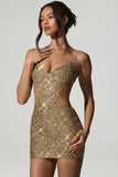 Embellished Cut Out Mini Dress in Gold