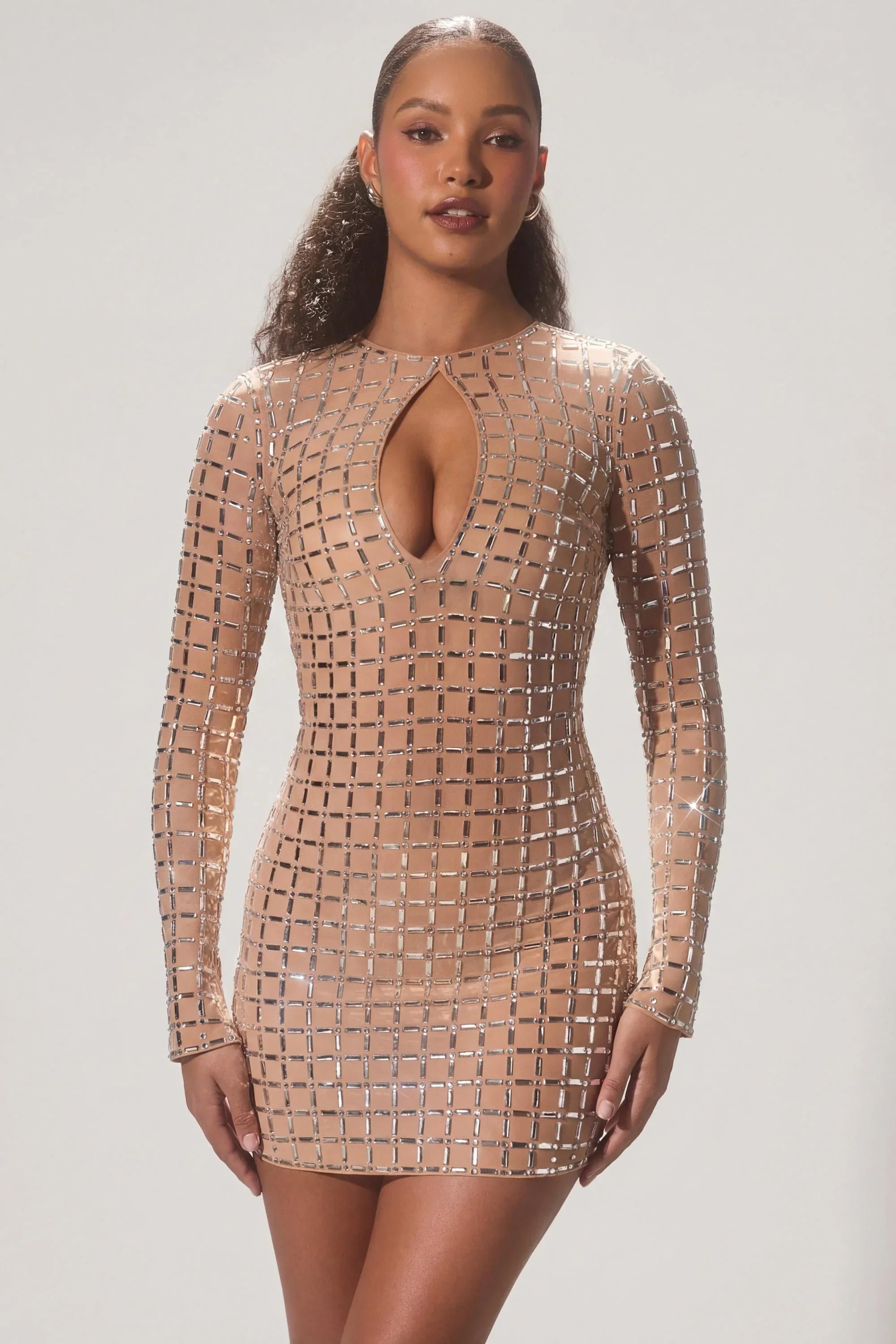 Embellished Semi Sheer Cut Out Mini Dress in Almond