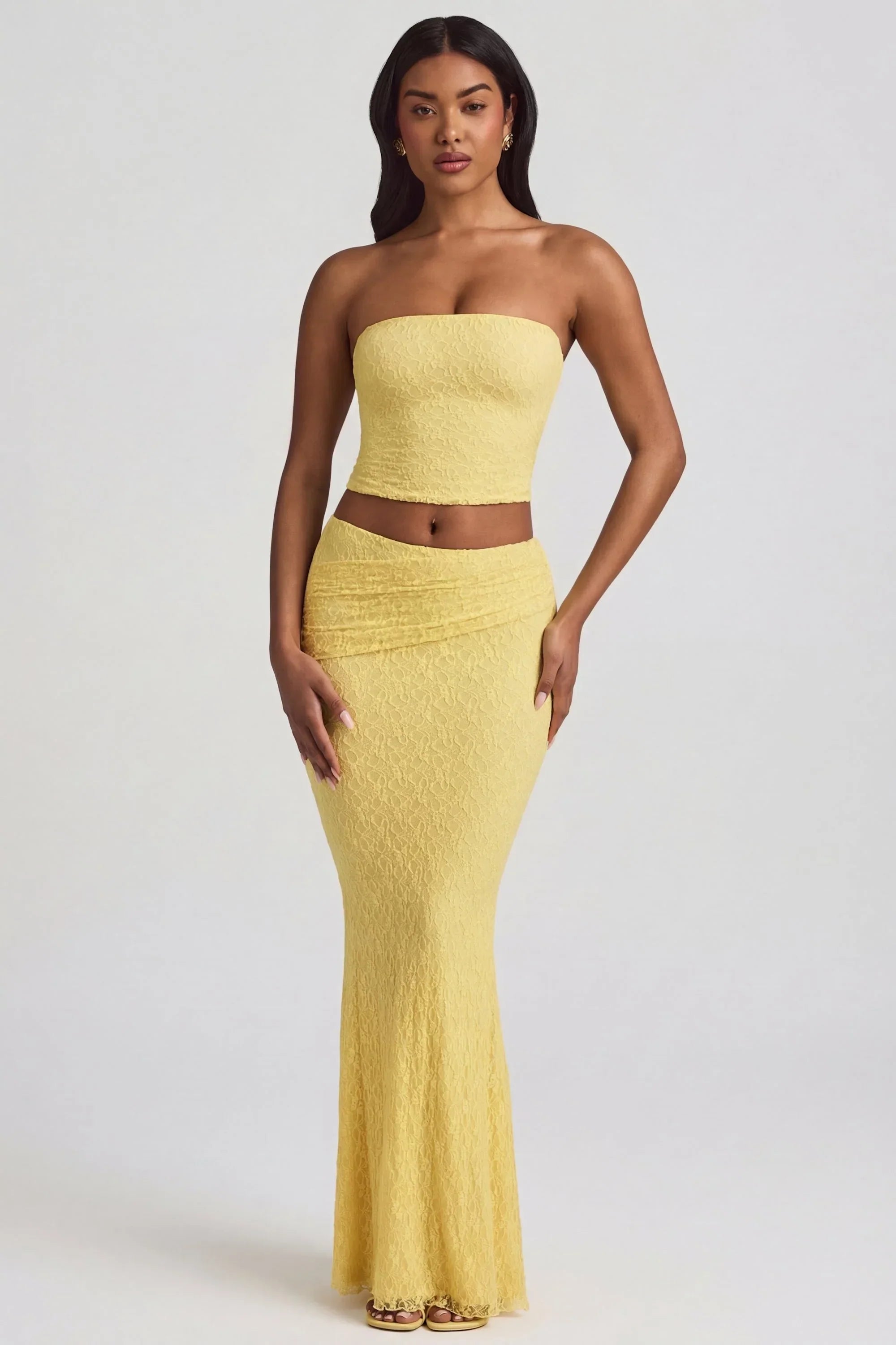 Draped Low Rise Lace Maxi Skirt in Pastel Yellow