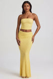 Draped Low Rise Lace Maxi Skirt in Pastel Yellow