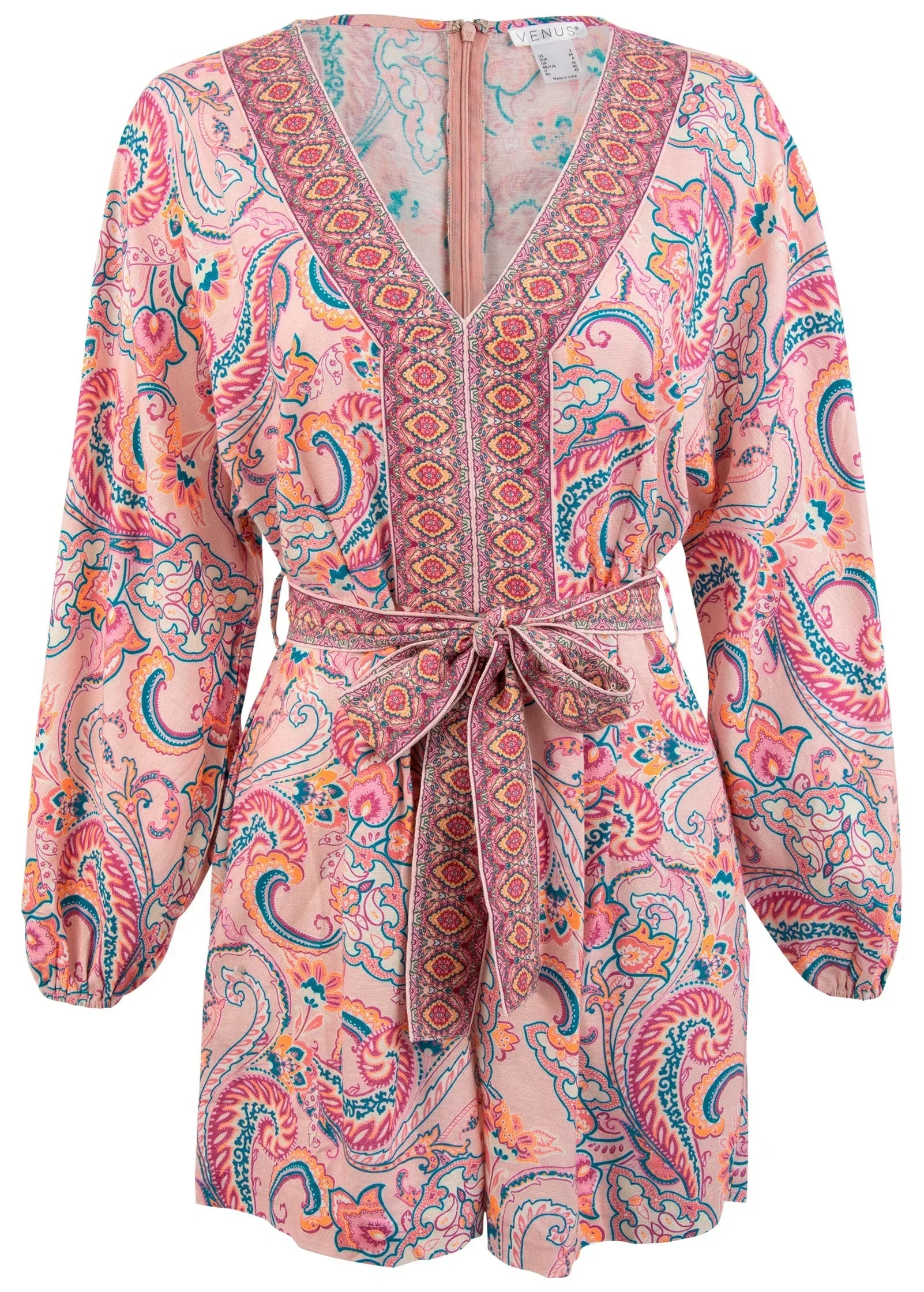 Linen Tie Waist Romper Venetian Paisley