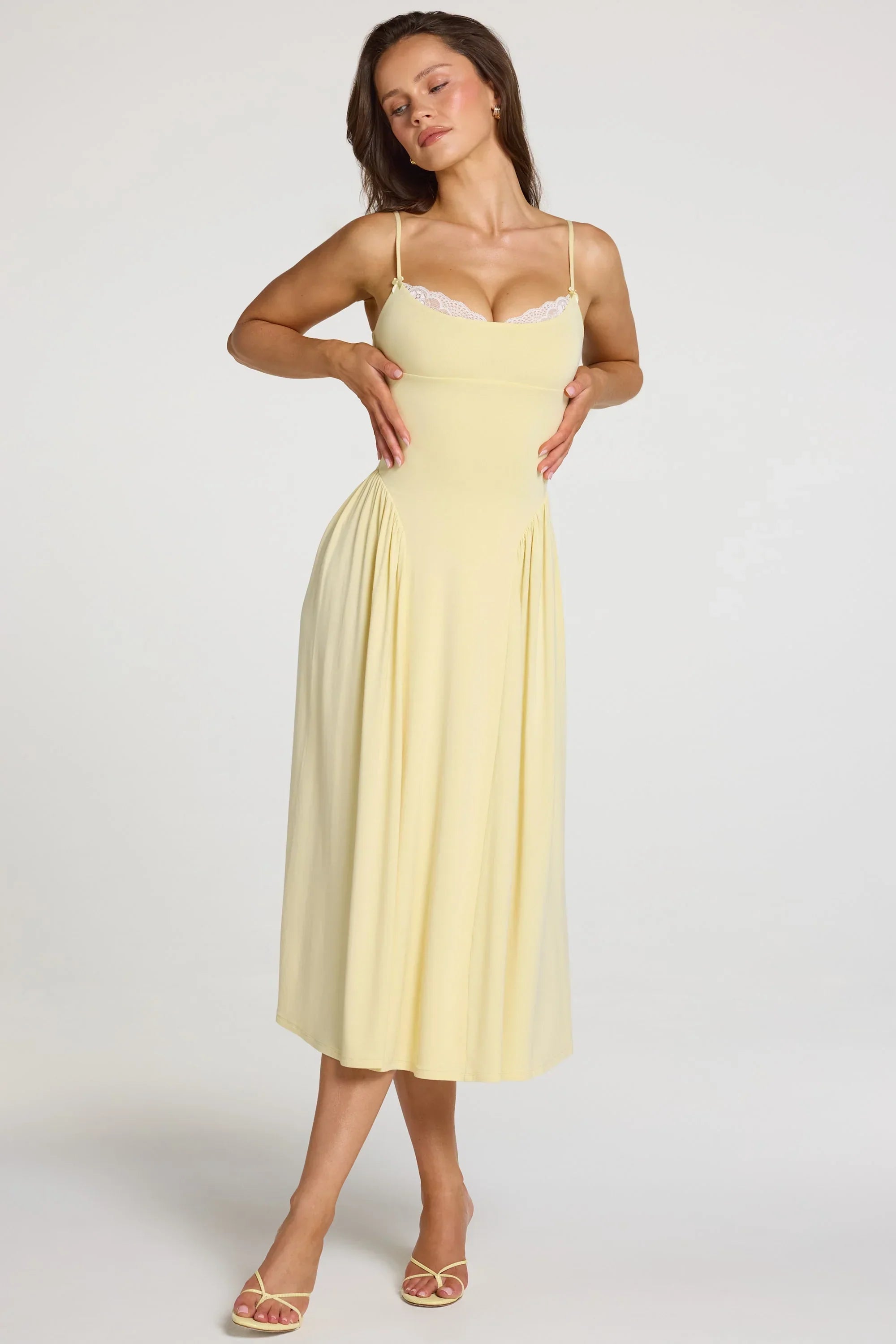 Modal Lace Trim Midaxi Dress in Pastel Yellow