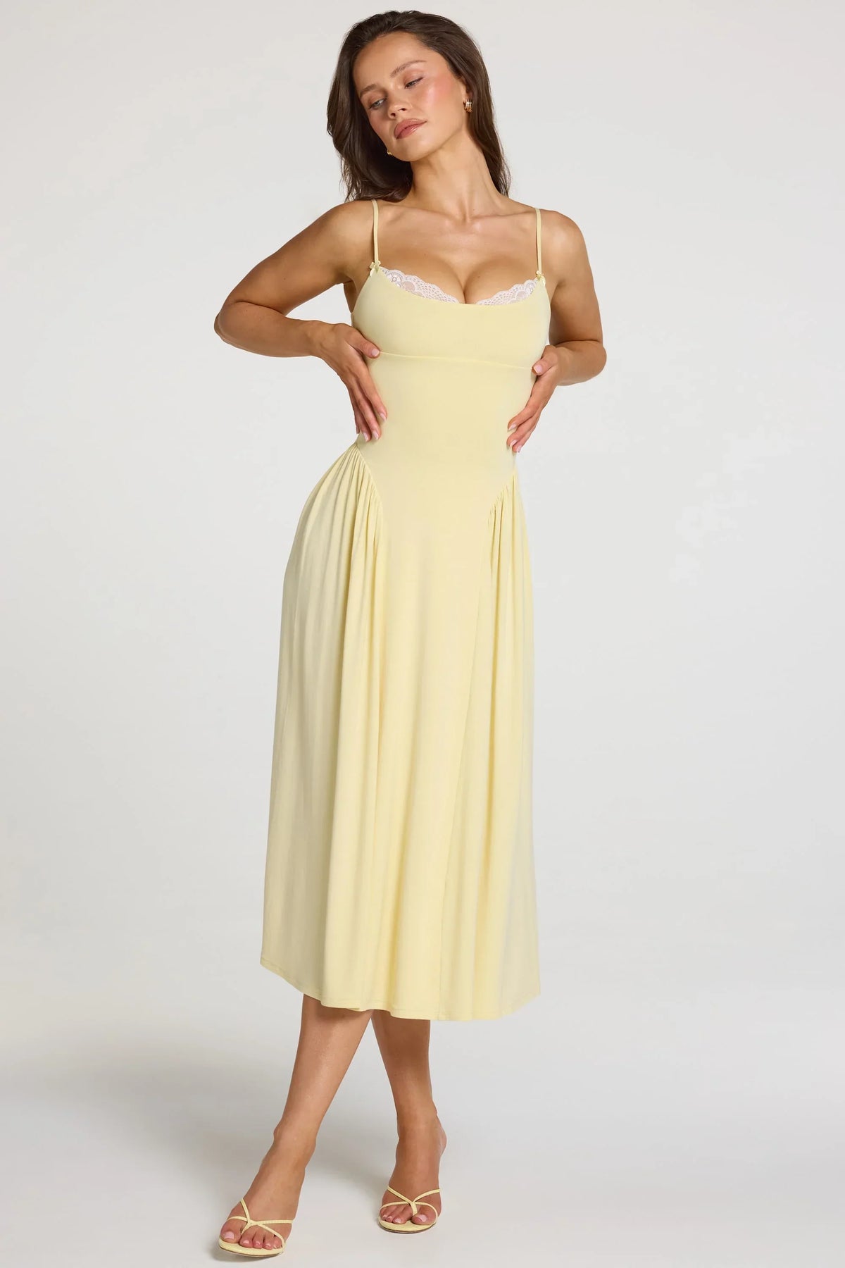 Modal Lace Trim Midaxi Dress in Pastel Yellow