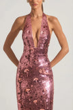 Sequin Embellished Halterneck Maxi Dress in Pink