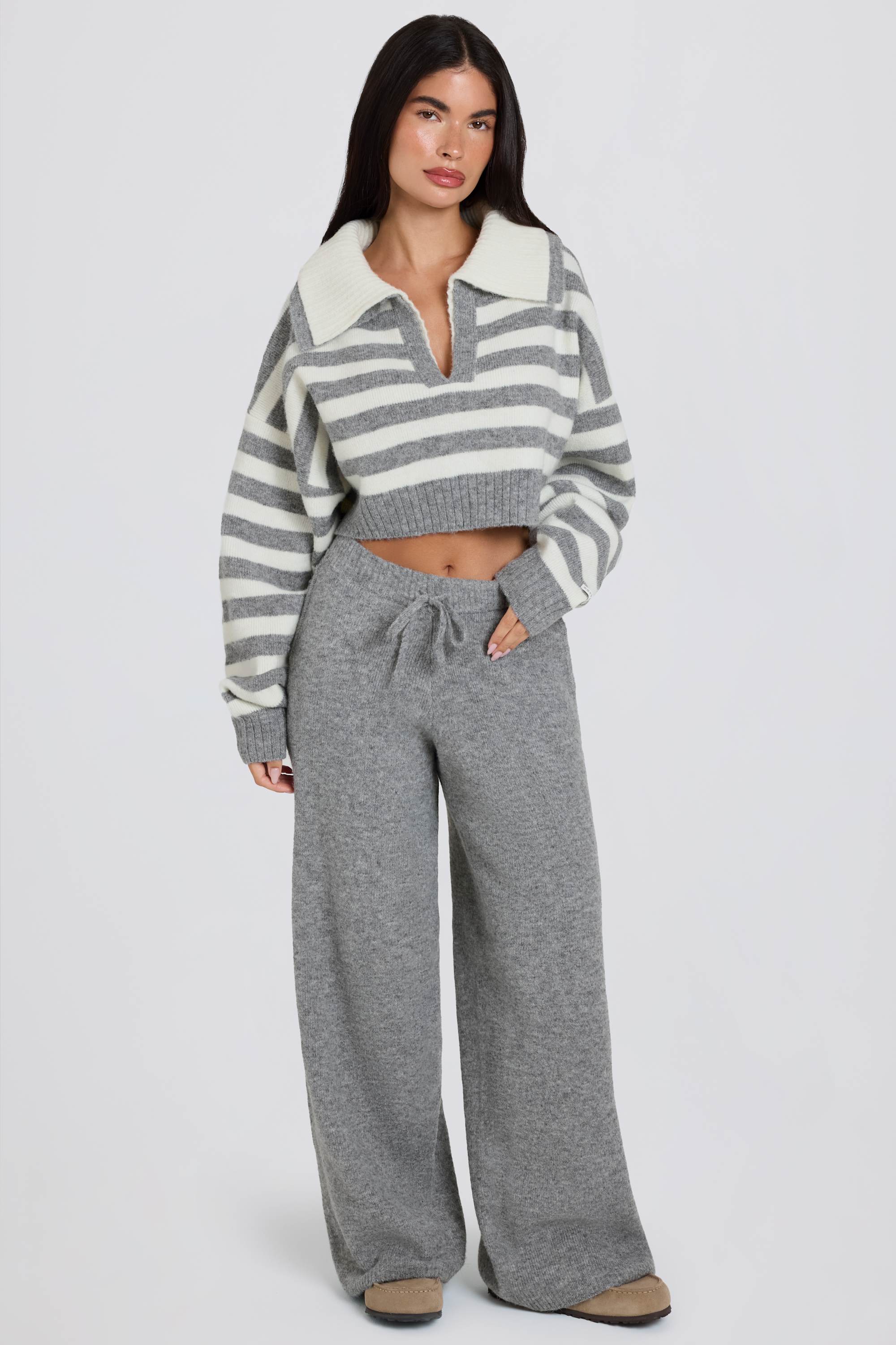 Knit Mid Rise Wide Leg Joggers in Grey