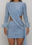 Elevated Romance Feather Detail Mini Dress Blue