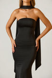 Scarf Detail Strapless Gown in Black