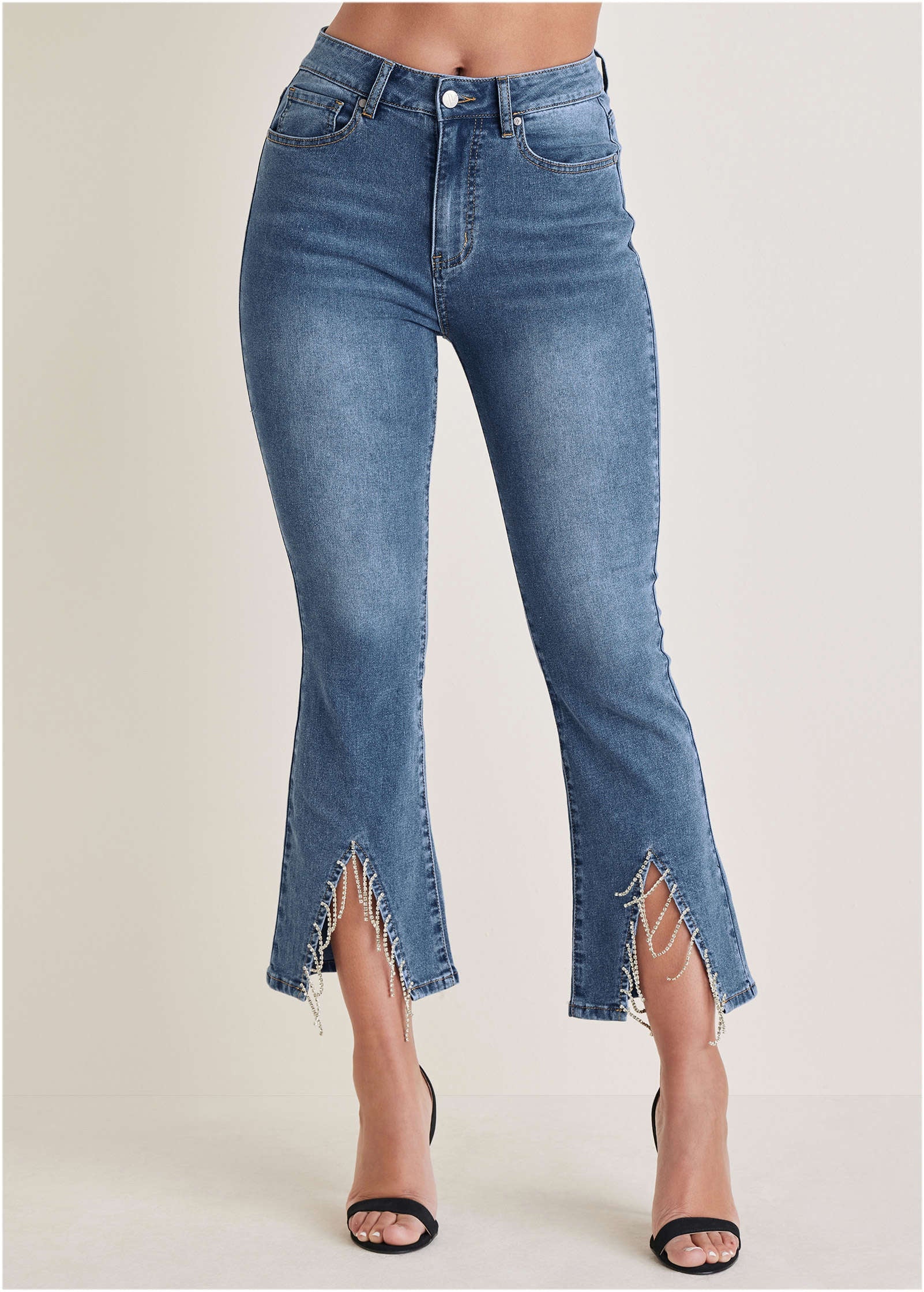 Rhinestone Kick Flare Jeans Medium Wash