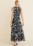 Ruffle Hem Maxi Dress Woodcut Botanical