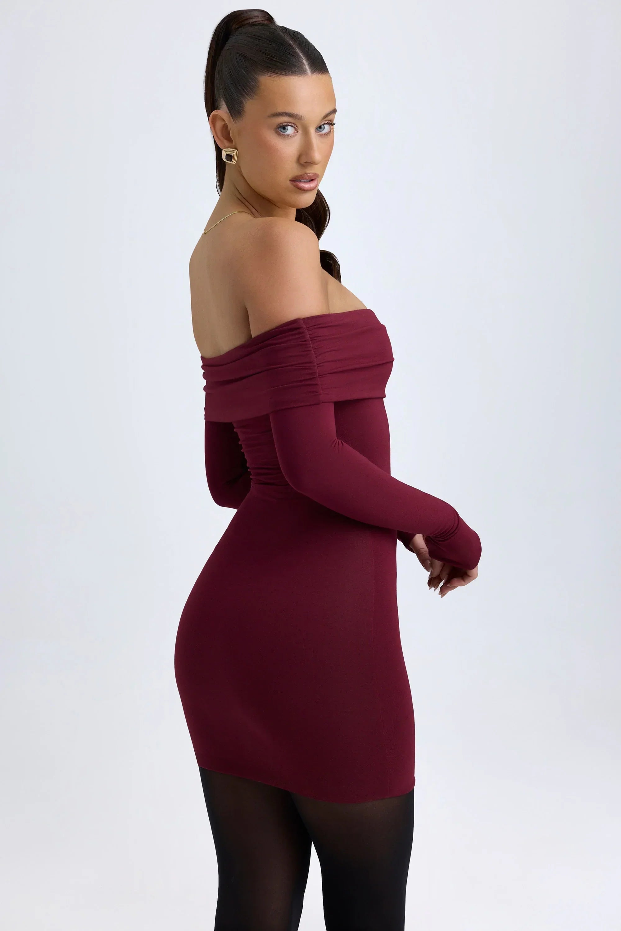 Modal Off Shoulder Mini Dress in Wine Red