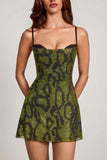 Embellished Cowl Neck A line Mini Dress in Green Snake