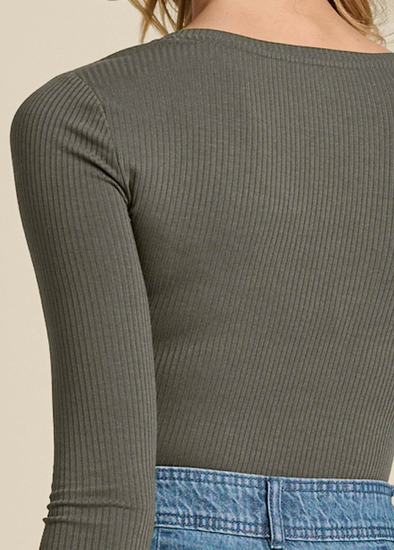 Ribbed Long Sleeve V Neck Olive