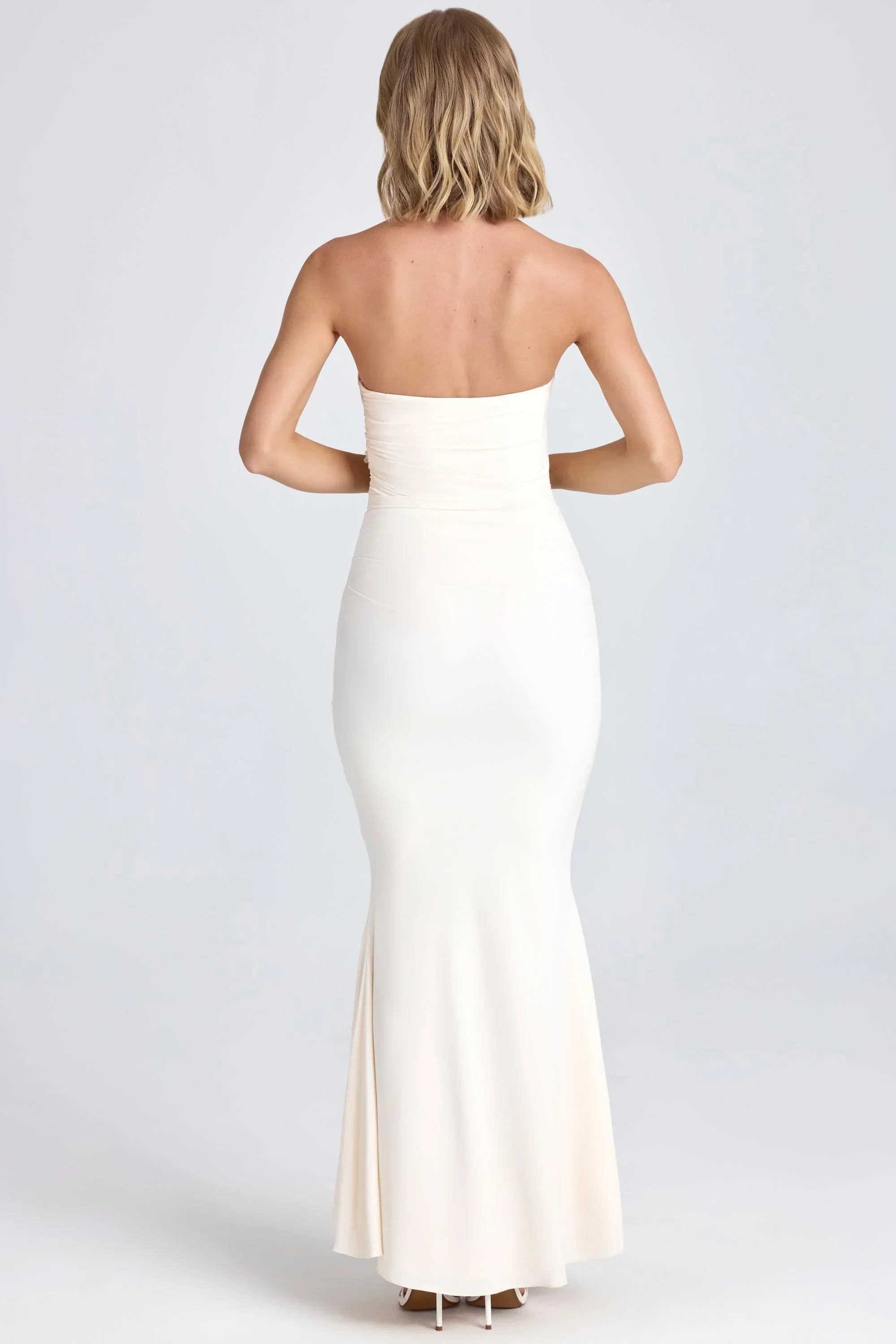 Draped Floral Appliqué Maxi Dress in Ivory