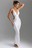Embellished Cut Out Backless Maxi Dress in White