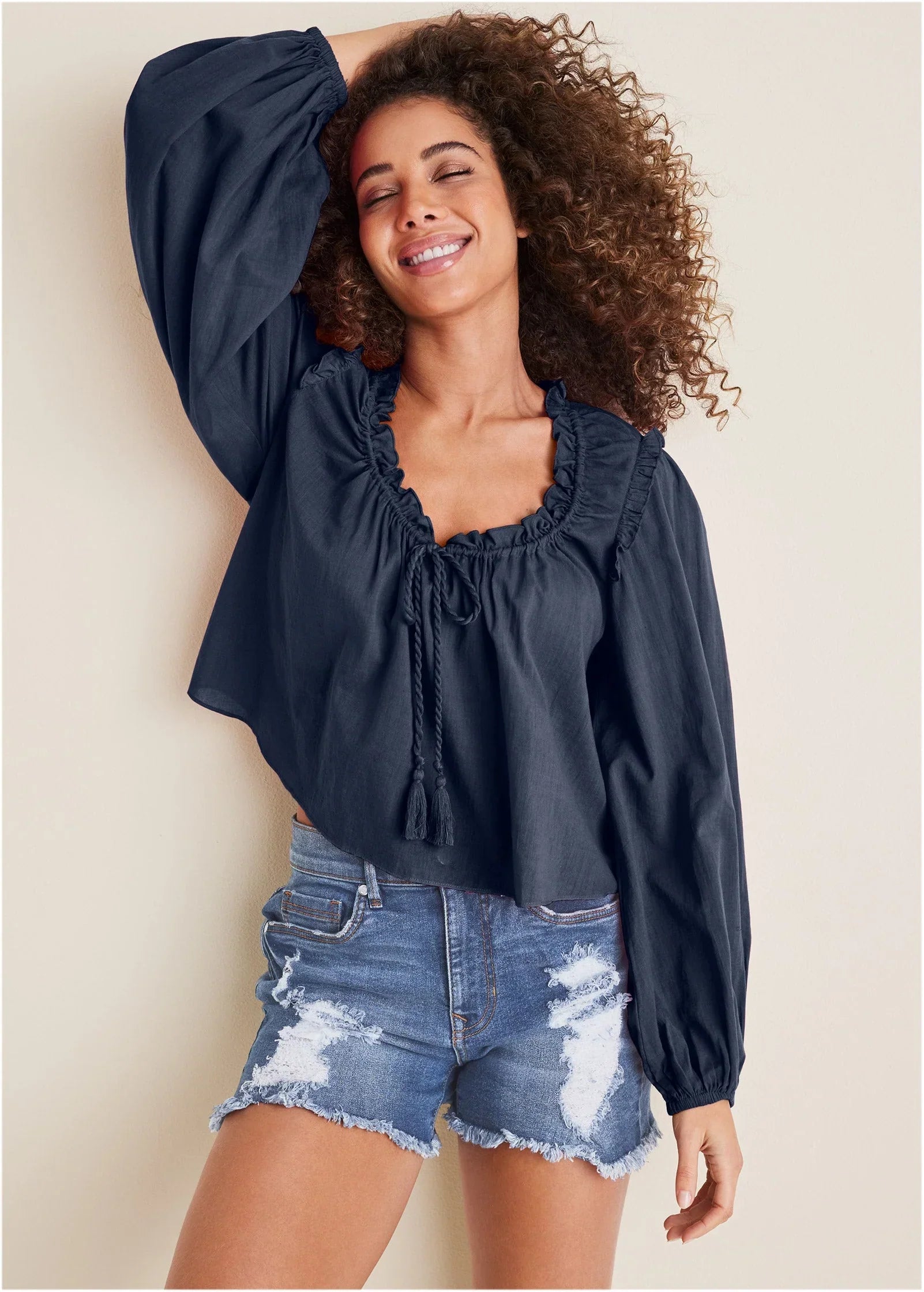 Tassel Long Sleeve Top Navy