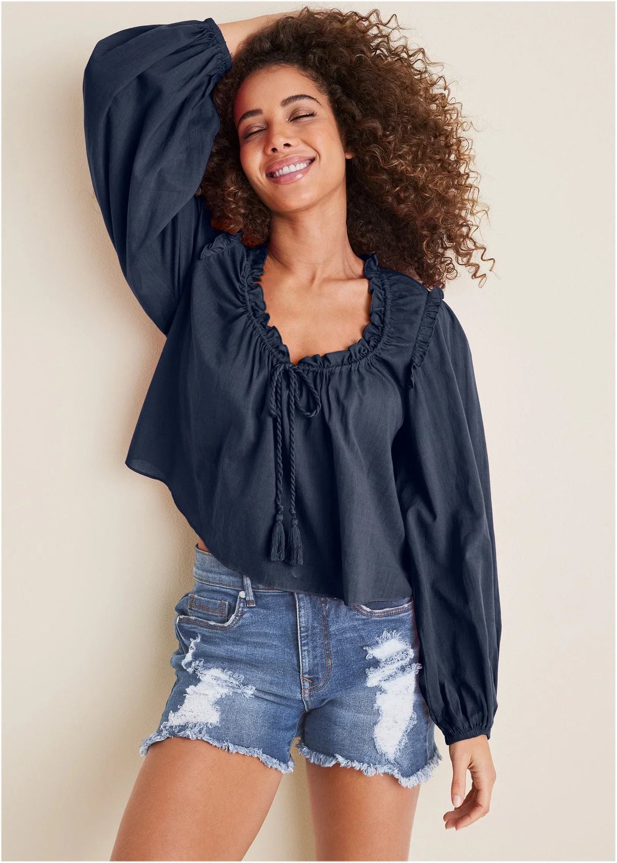 Tassel Long Sleeve Top Navy