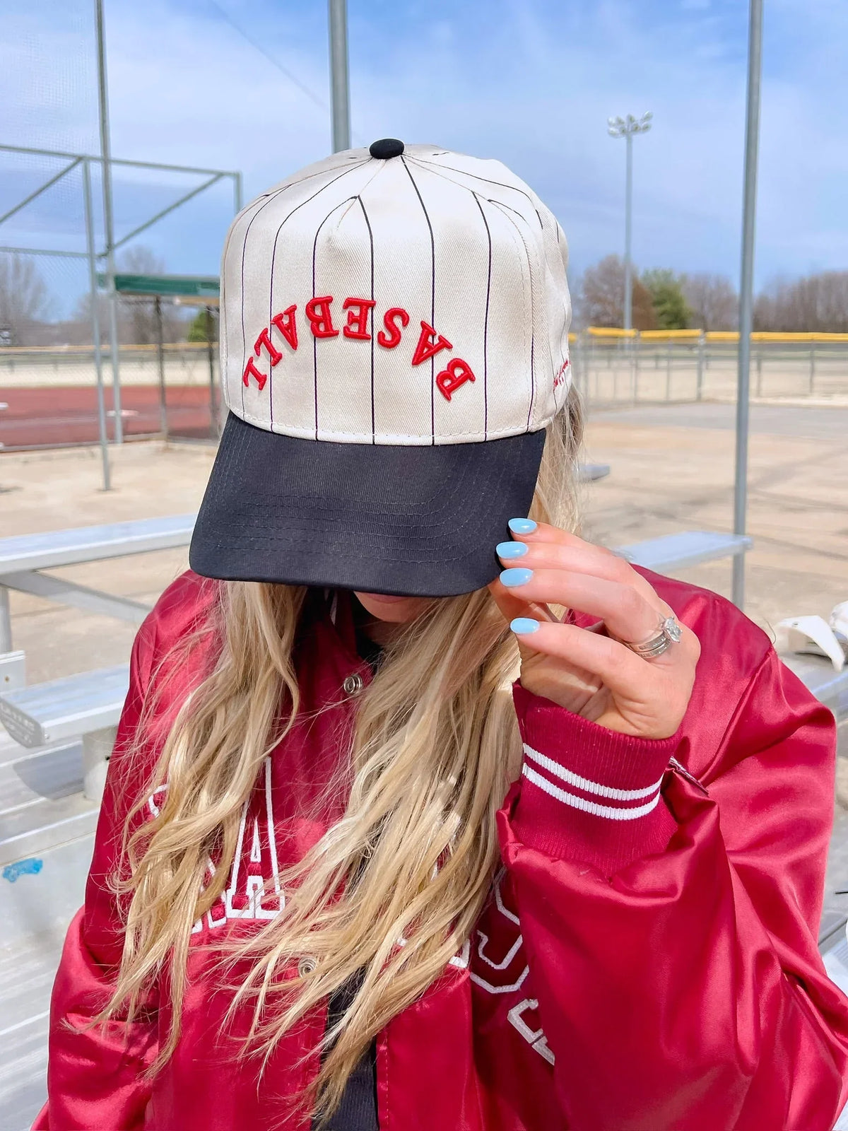 BASEBALL Red on Black Stripe Vintage Hat PREORDER