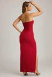 Embellished Strapless Cowl Neck Maxi Dress in True Red