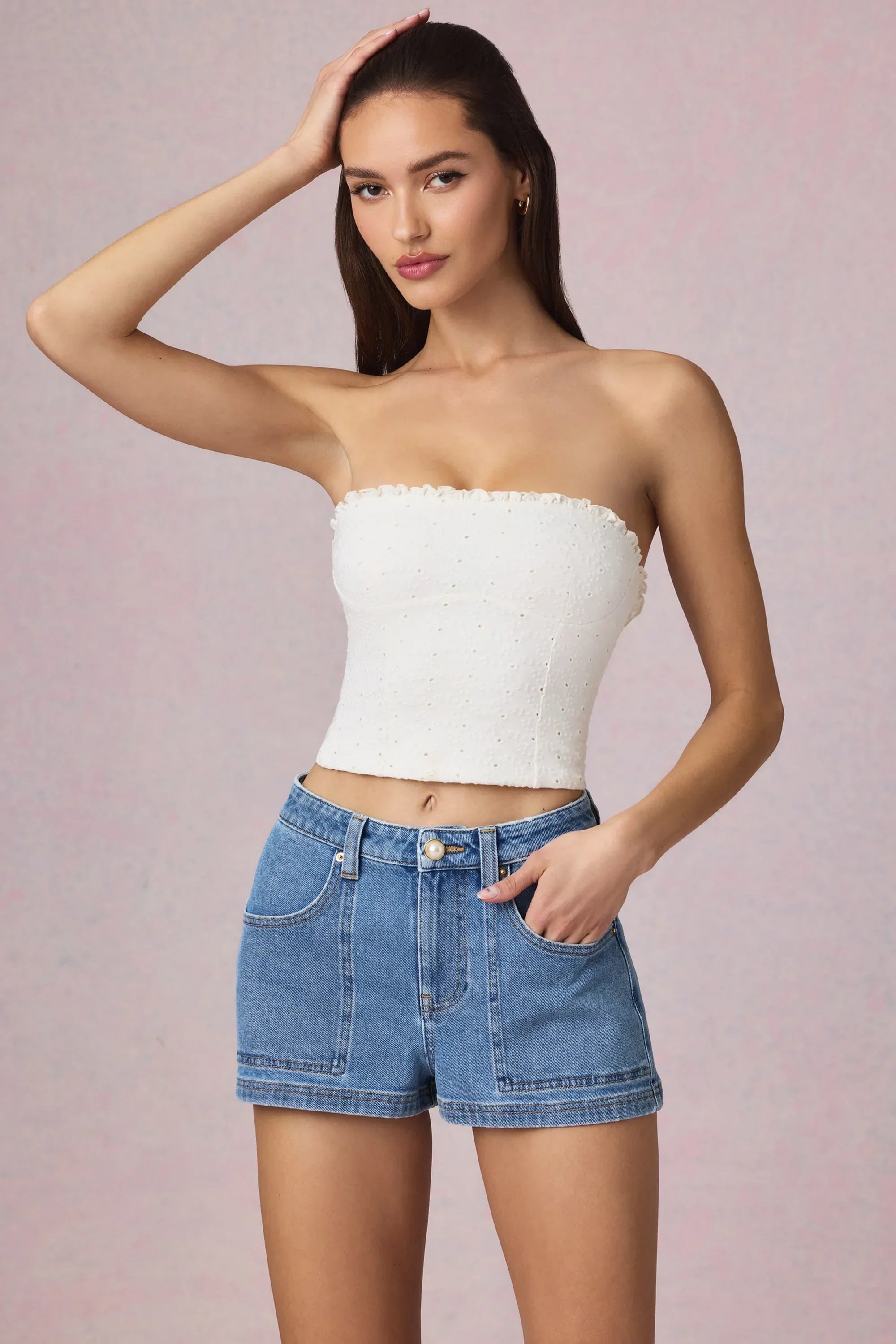 High Waist A Line Shorts in Mid Blue Wash