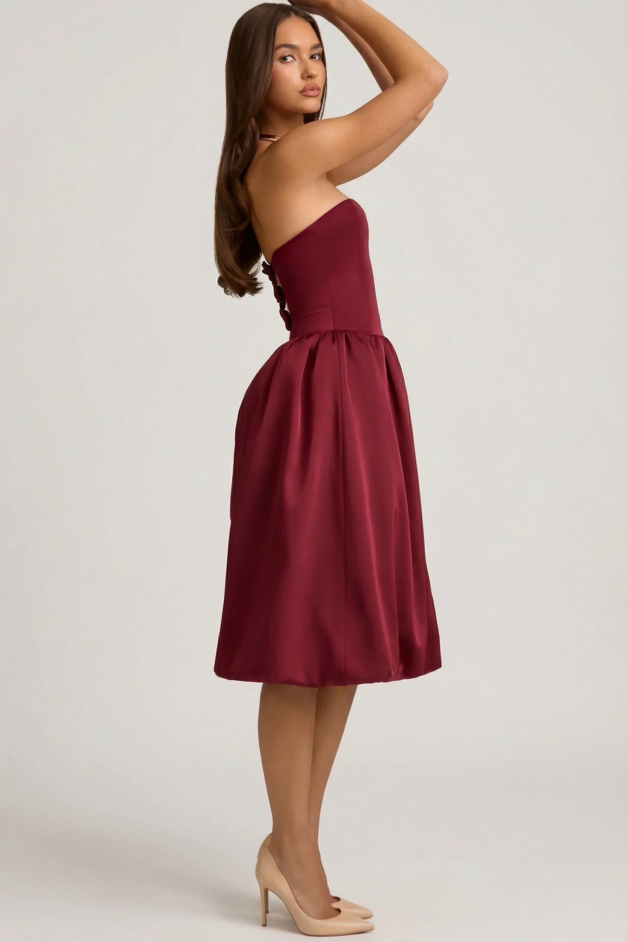 Convertible Bow Detail Bubble Hem Midaxi Dress in Wine Red