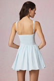 Bow Detail A Line Mini Dress in Powder Blue Stripe
