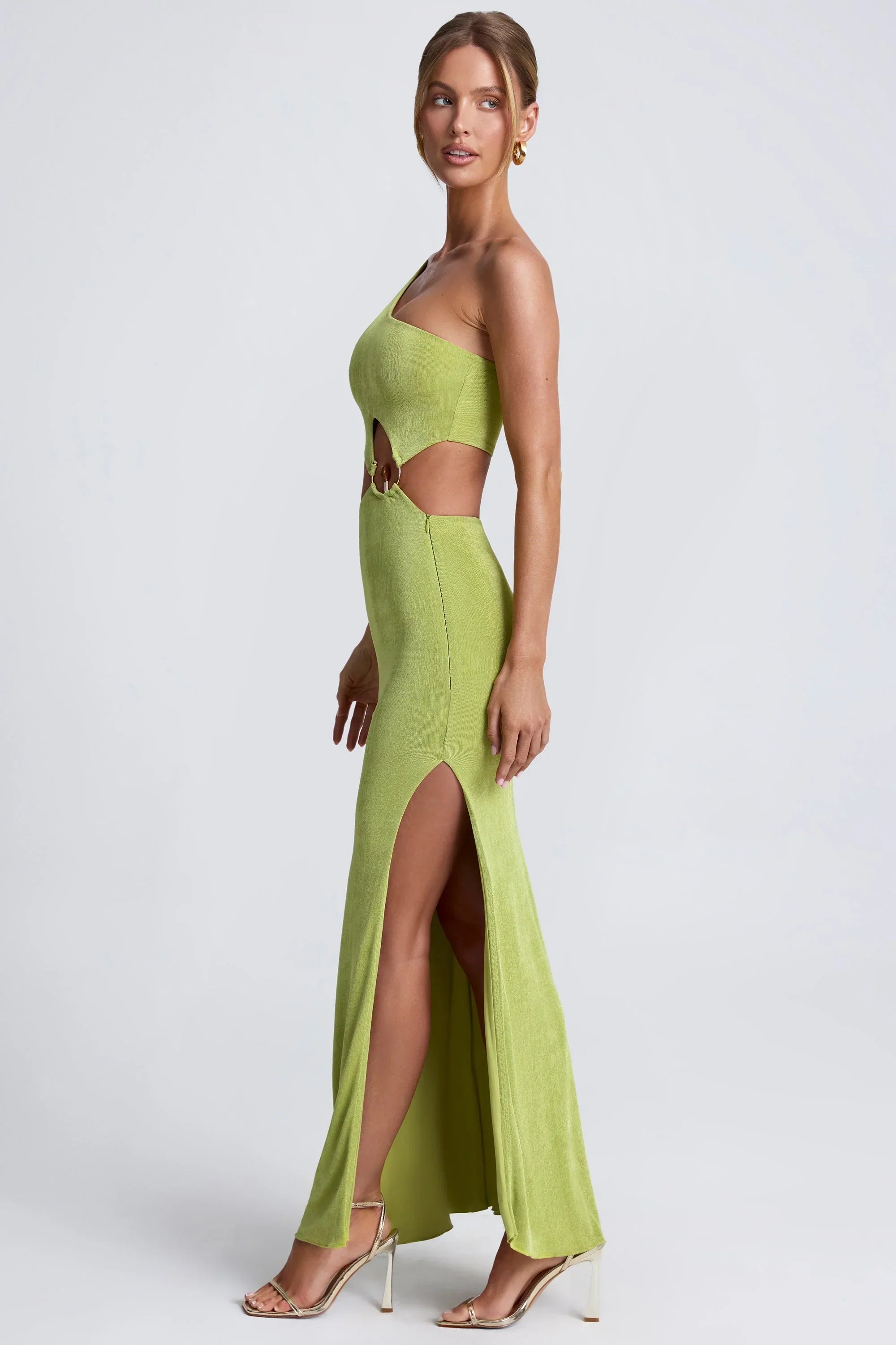 Hardware Detail One Shoulder Maxi Dress in Olive Green