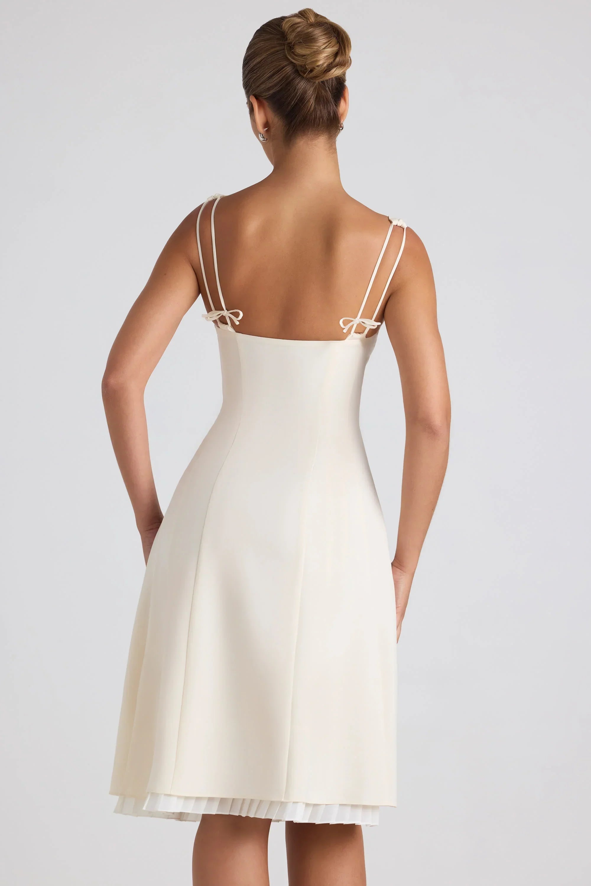 Bow Detail Pleated A Line Midi Dress in Ivory