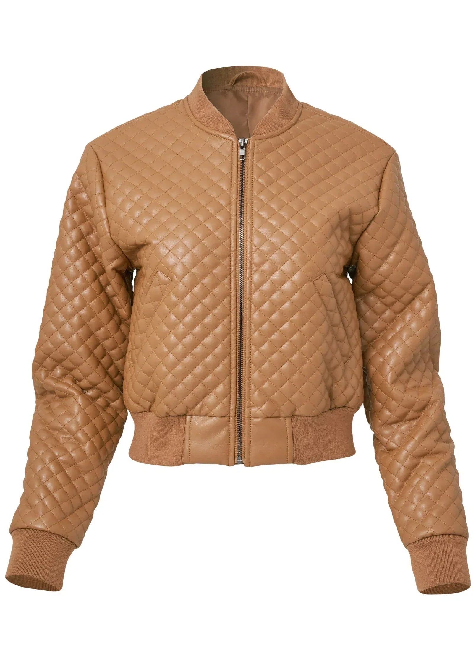 Faux Leather Bomber Jacket Tan