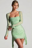 Embellished Draped Cowl Neck Mini Dress in Pistachio