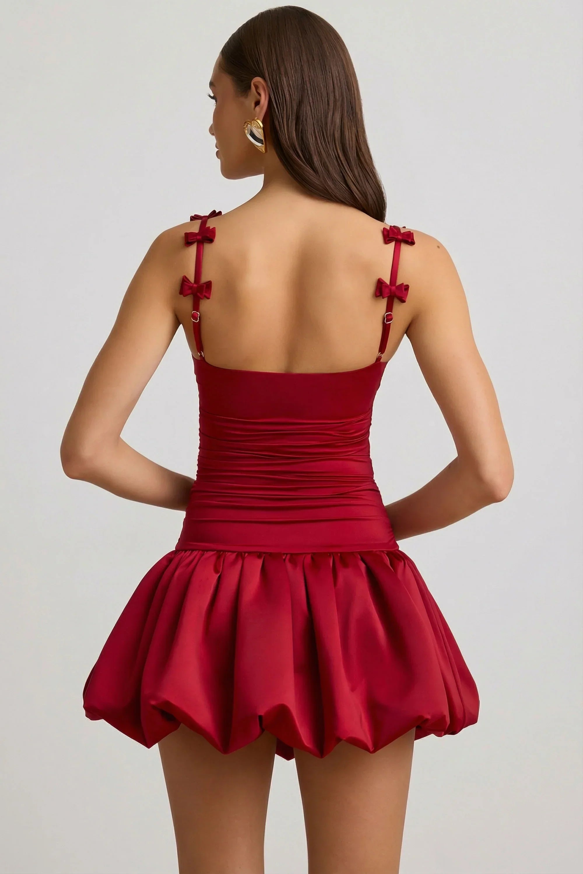 Bow Detail Ruched Bubble Hem Mini Dress in True Red