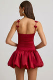 Bow Detail Ruched Bubble Hem Mini Dress in True Red