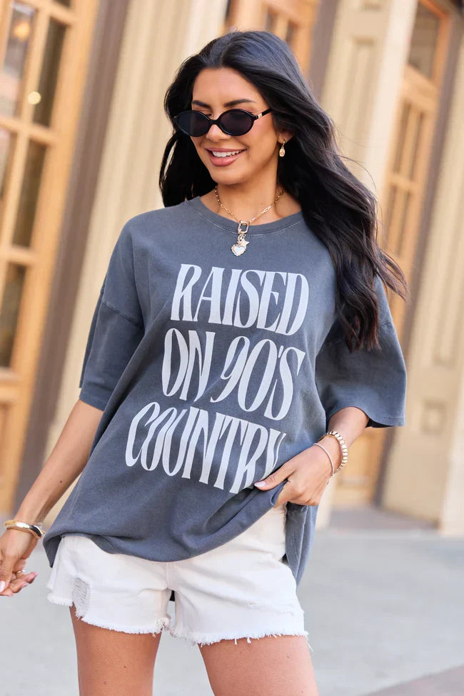 Raised On 90s Country Charcoal Oversized Graphic Tee