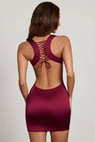 Scoop Neck Lace up Back Mini Dress in Wine Red