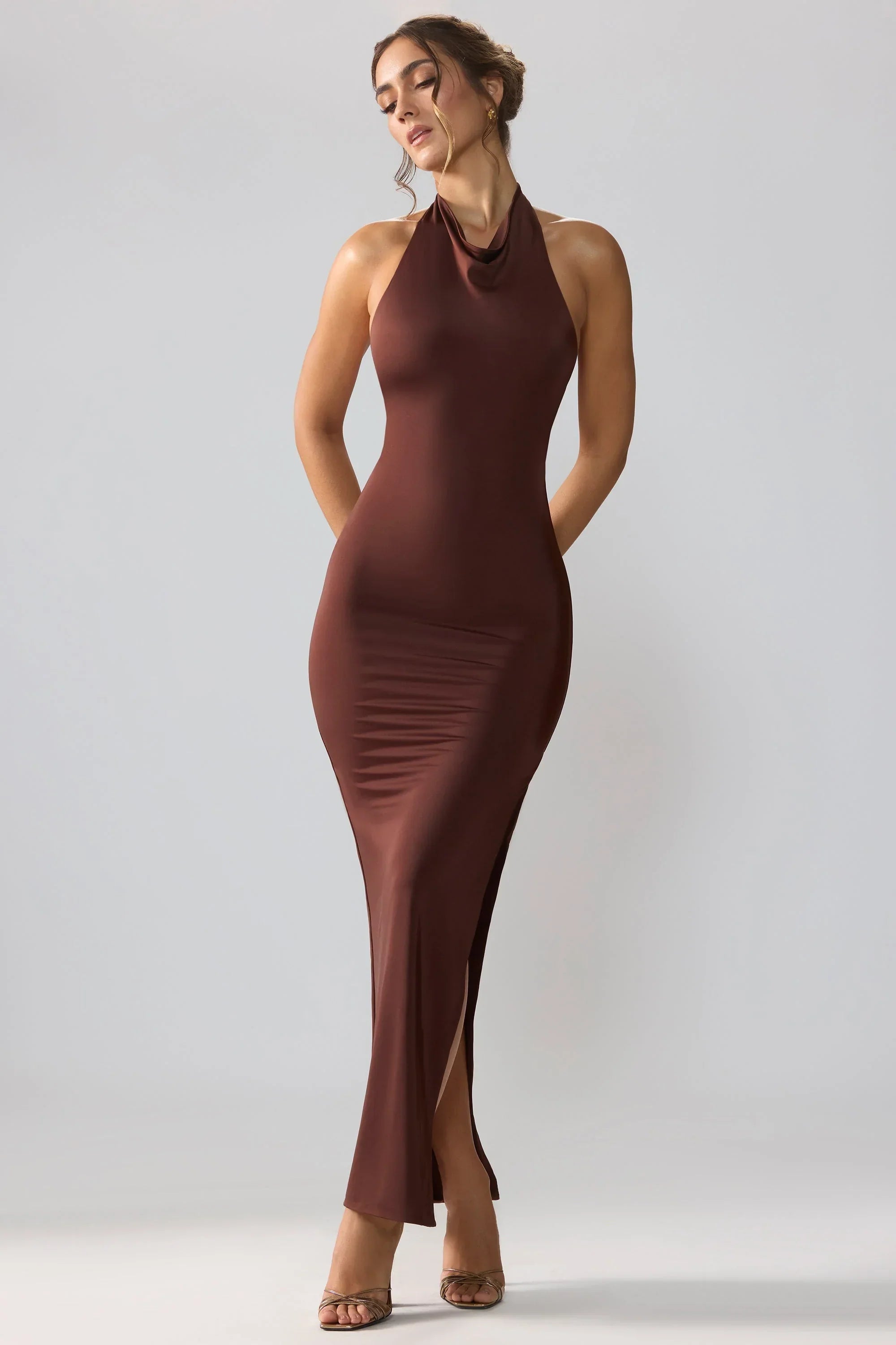 Jersey Cowl Neck Backless Maxi Dress in Espresso