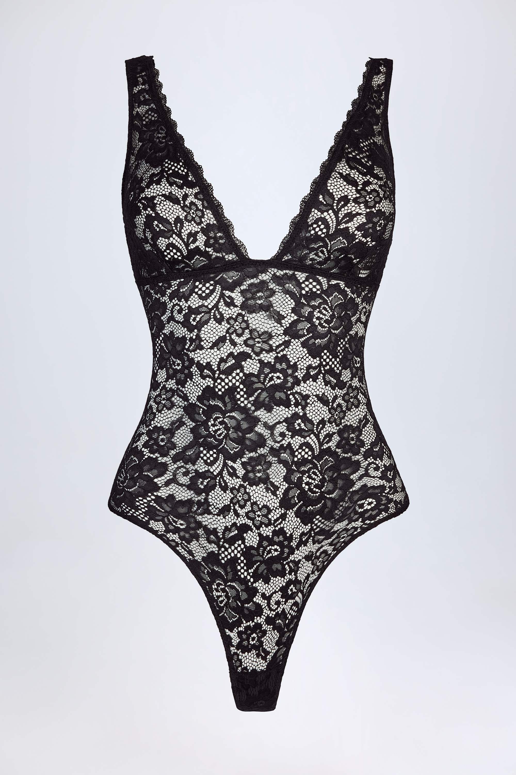 Sheer Lace Scalloped Plunge Neck Bodysuit in Black