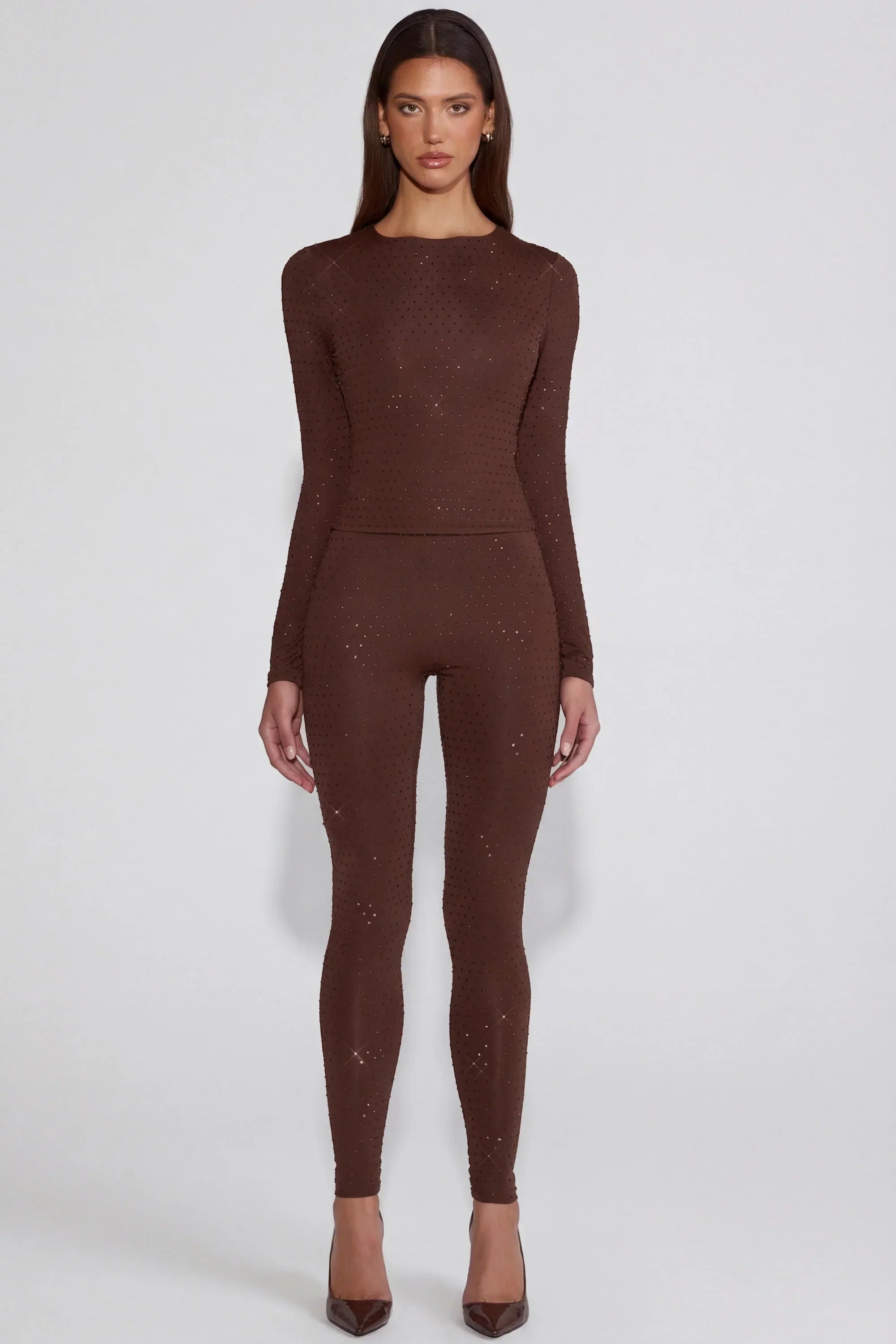 Embellished Jersey High Waisted Leggings in Chocolate Brown