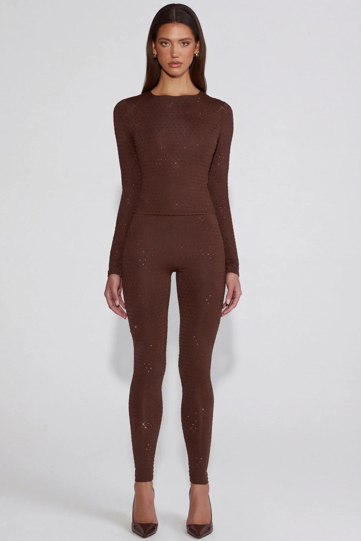 Embellished Jersey High Waisted Leggings in Chocolate Brown