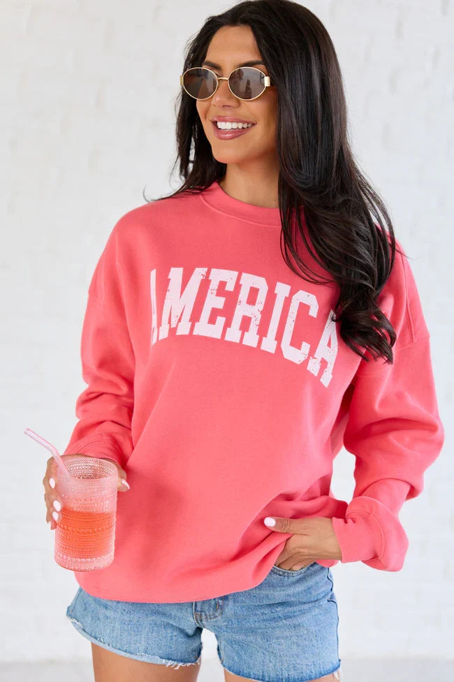 America Distressed Light Red Graphic Sweatshirt
