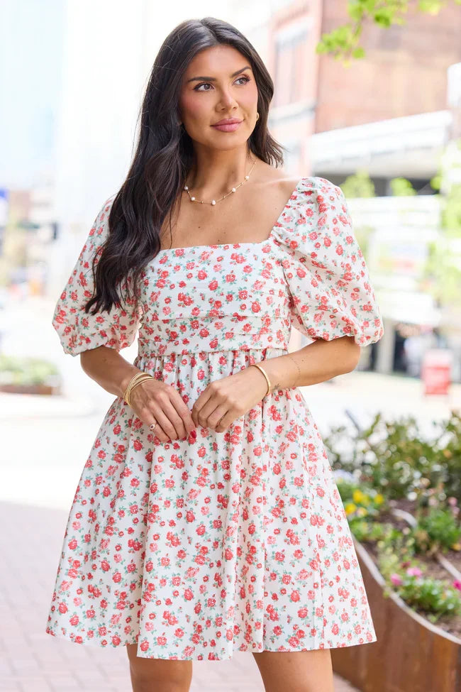 Im Just A Girl Ivory and Red Rosette Printed Mini Dress FINAL SALE