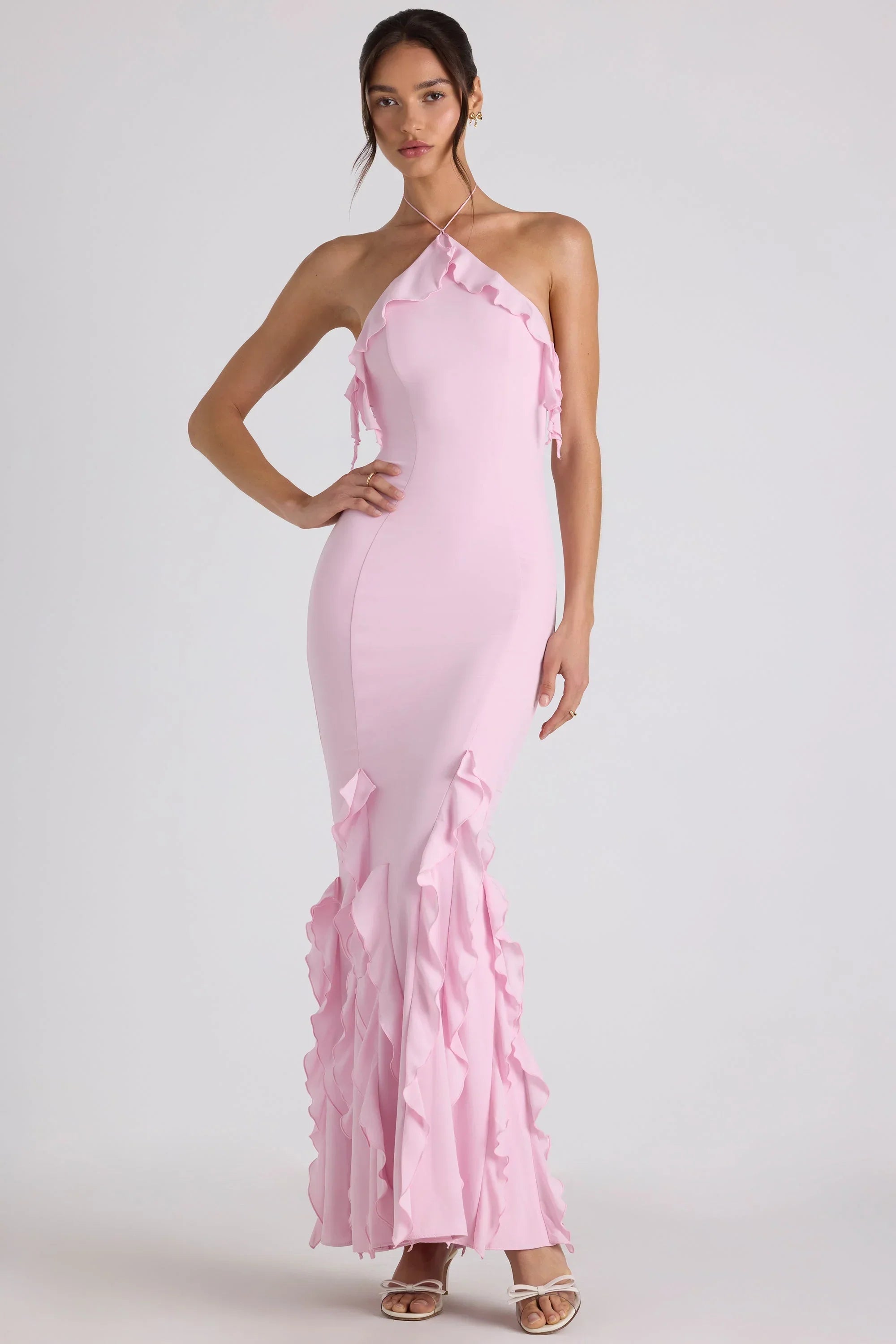 Ruffle Trim Halterneck Gown in Soft Pink