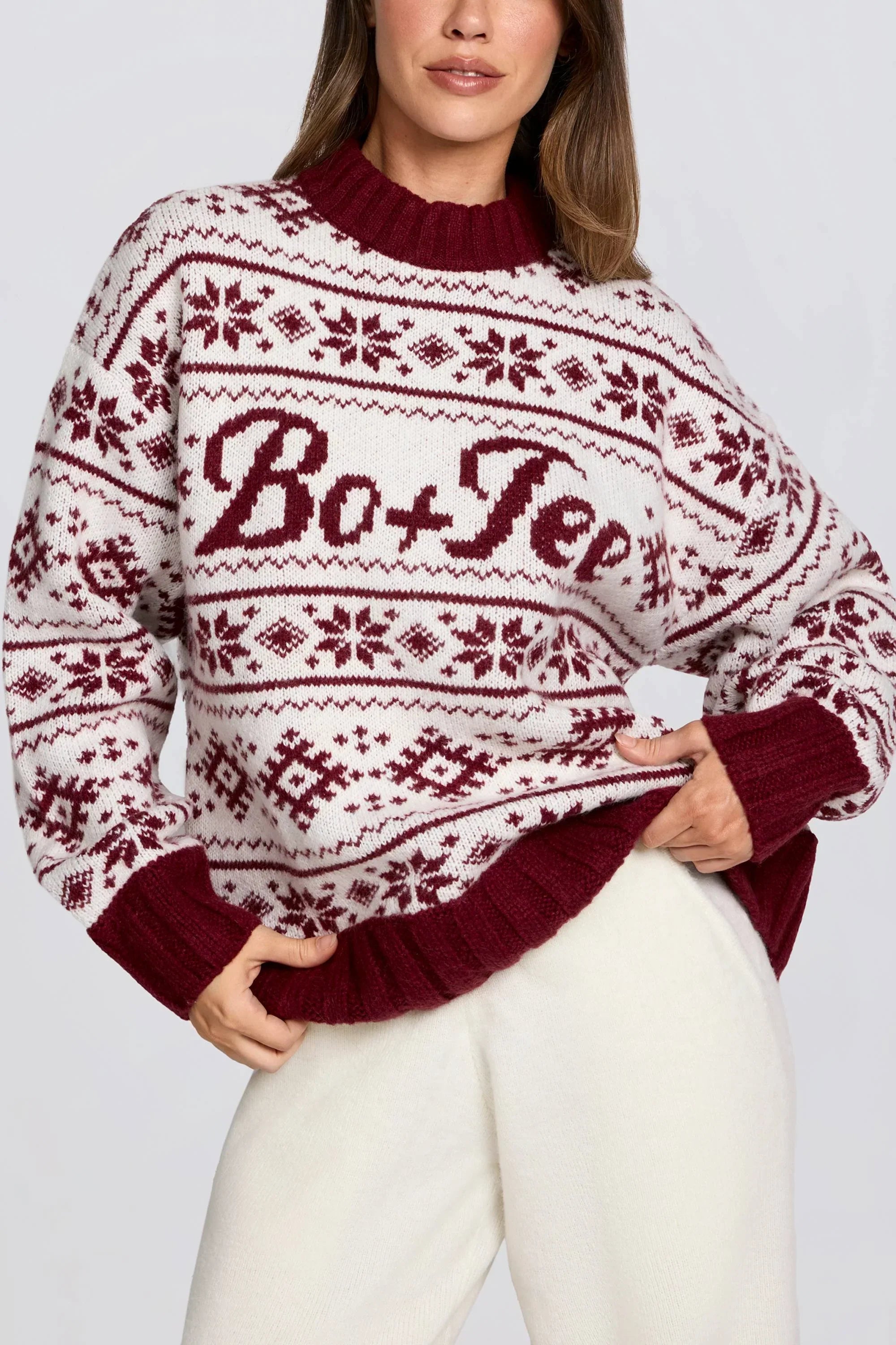 Jacquard Knit Oversized Jumper in Crimson Red