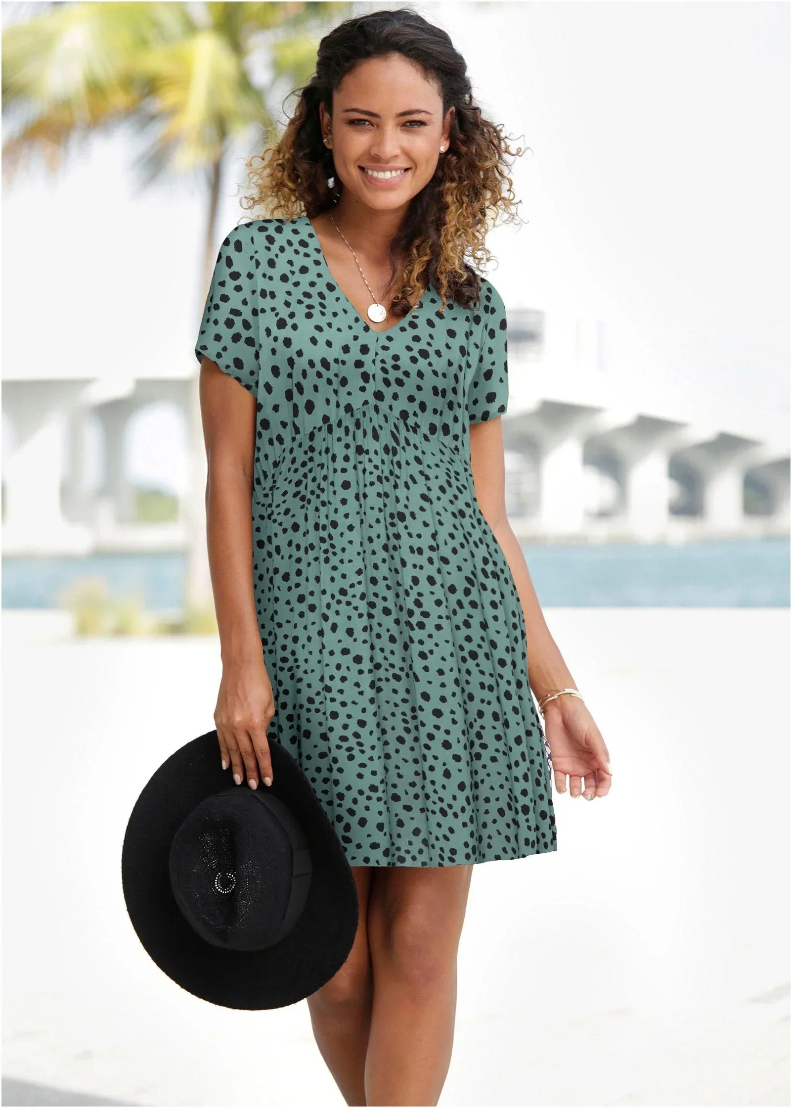 Printed V Neck Dress Green Black