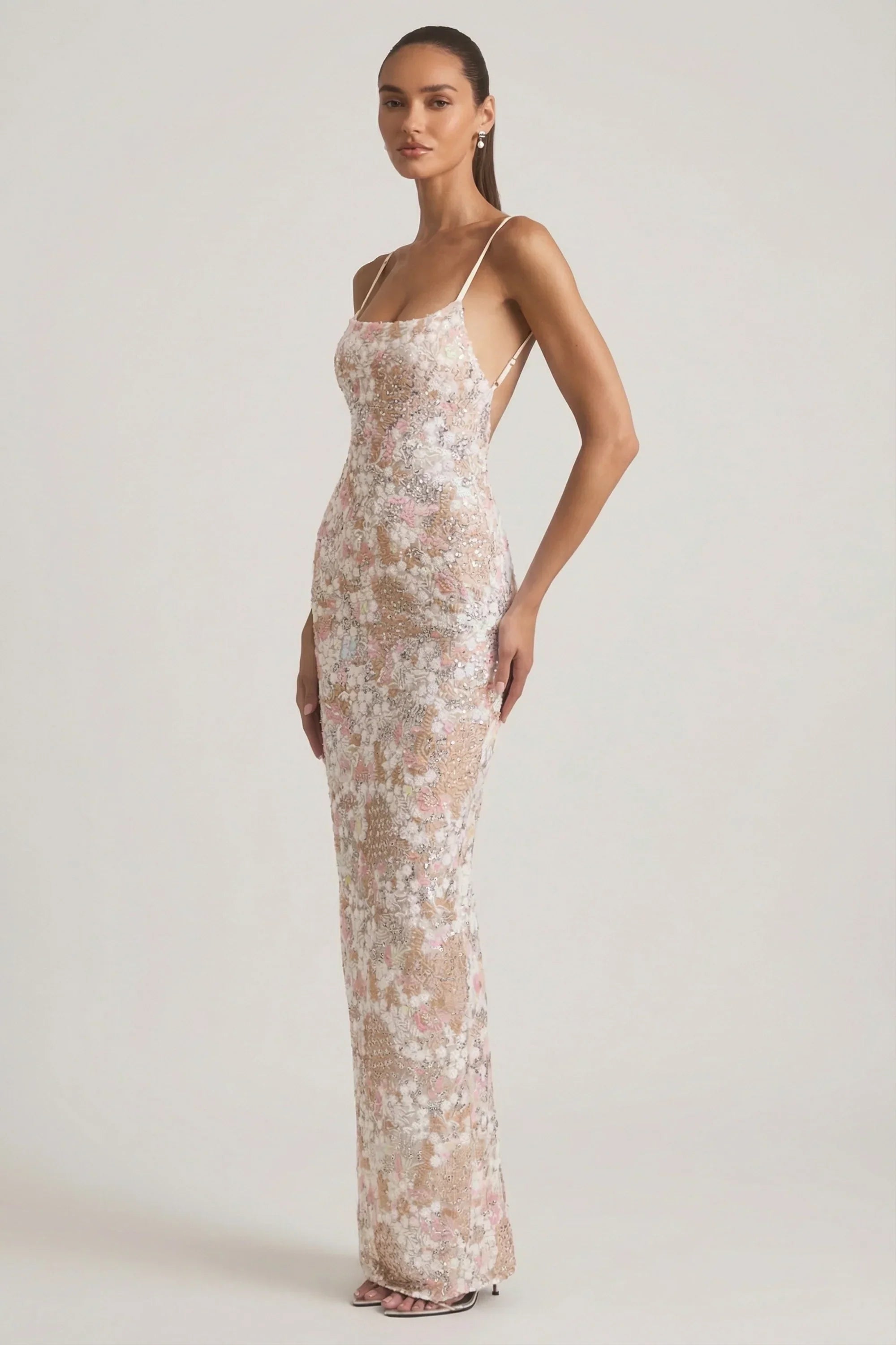 Embellished Scoop Neck Backless Maxi Dress in Ivory
