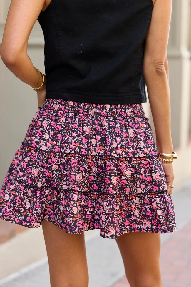 Through The Garden Black Pink Floral Mini Skort
