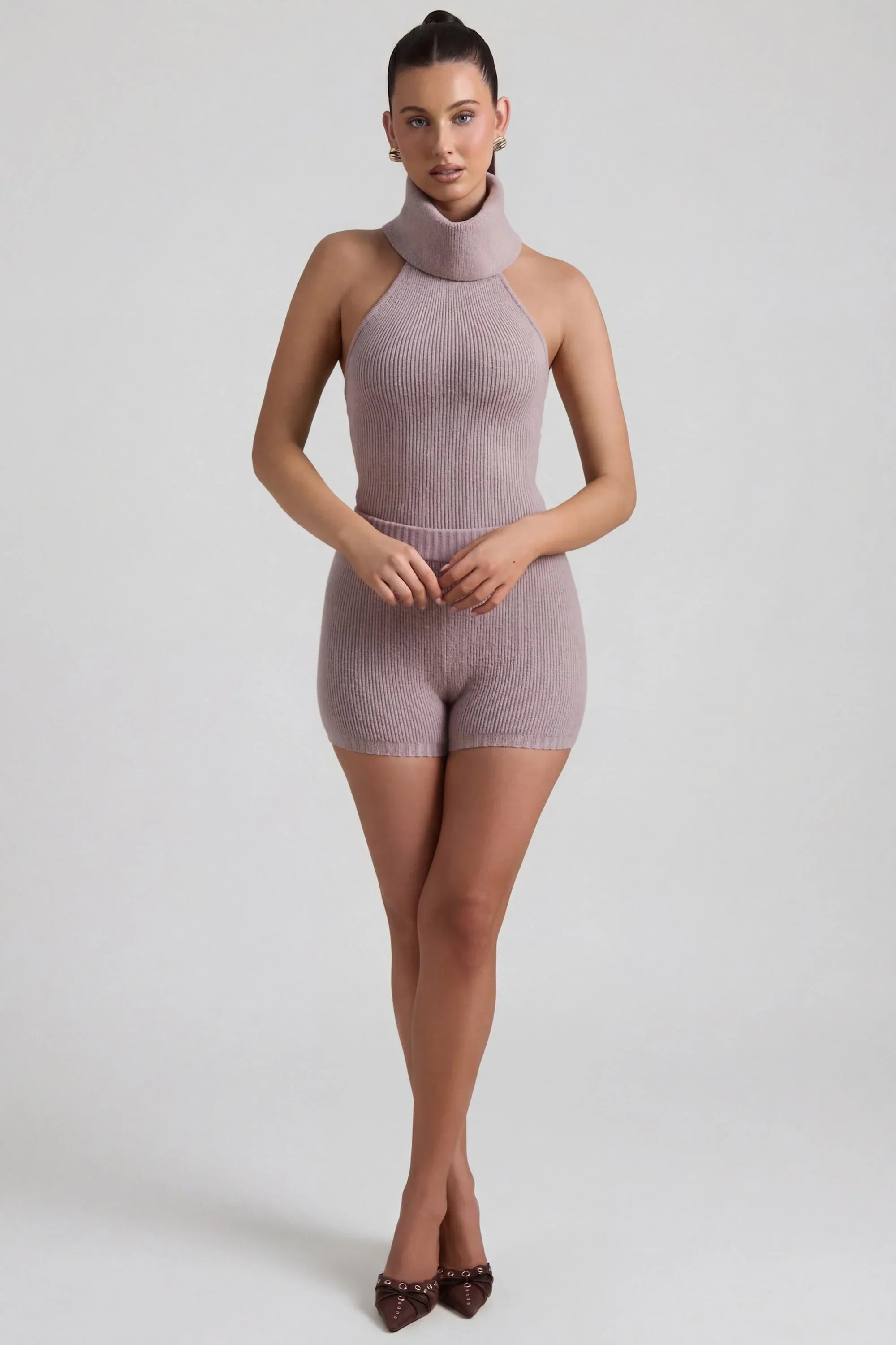 Ribbed Knit Turtleneck Backless Top in Taupe