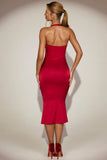 Satin Sweetheart Bustier Fishtail Midaxi Dress in True Red