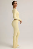 Modal Ribbed Foldover Flared Trousers in Buttercream Yellow
