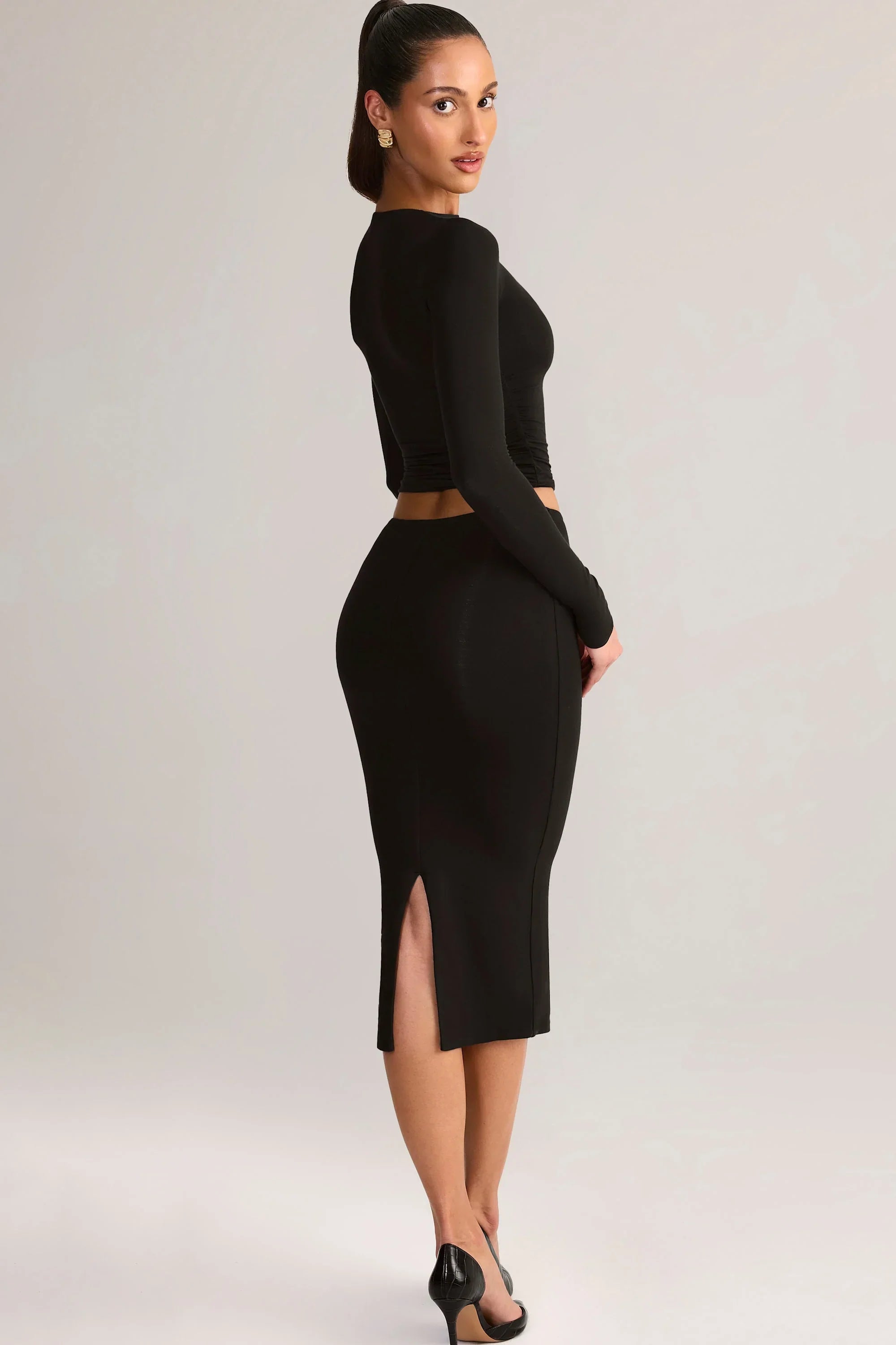 Modal Mid Rise Pencil Midi Skirt in Black