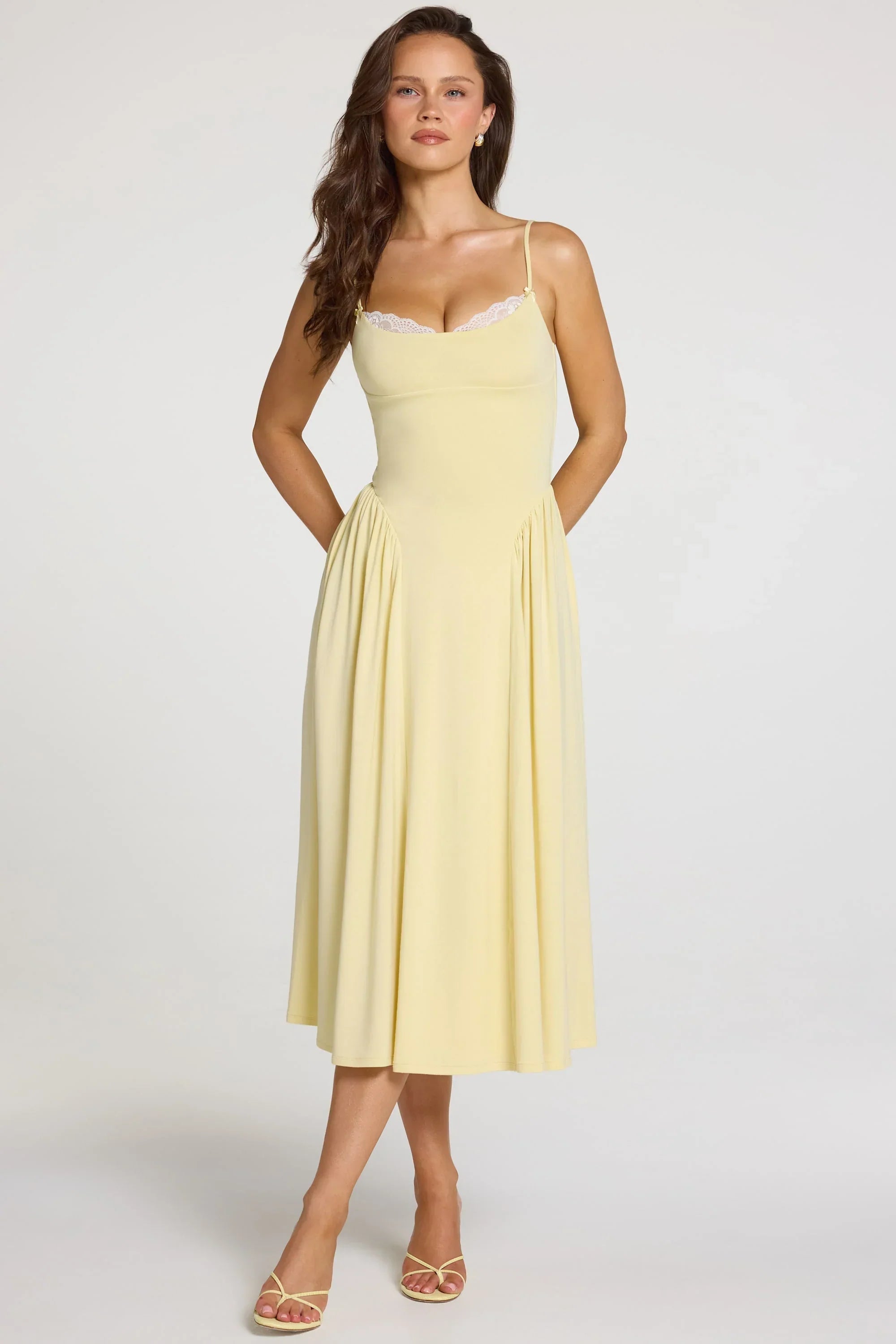 Modal Lace Trim Midaxi Dress in Pastel Yellow